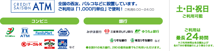 「CREDIT SAISON ATM」全国の西友、パルコなどに設置しています。ご利用は「1,000円単位」で便利！ご利用6:00～24:00　「コンビニ」「銀行」